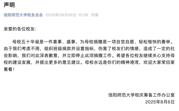 大圣策略 信阳师范大学就“‘千班万元’校庆捐款倡议”致歉：组织班级捐款并设置指标考虑不周，立即停止此项捐赠工作